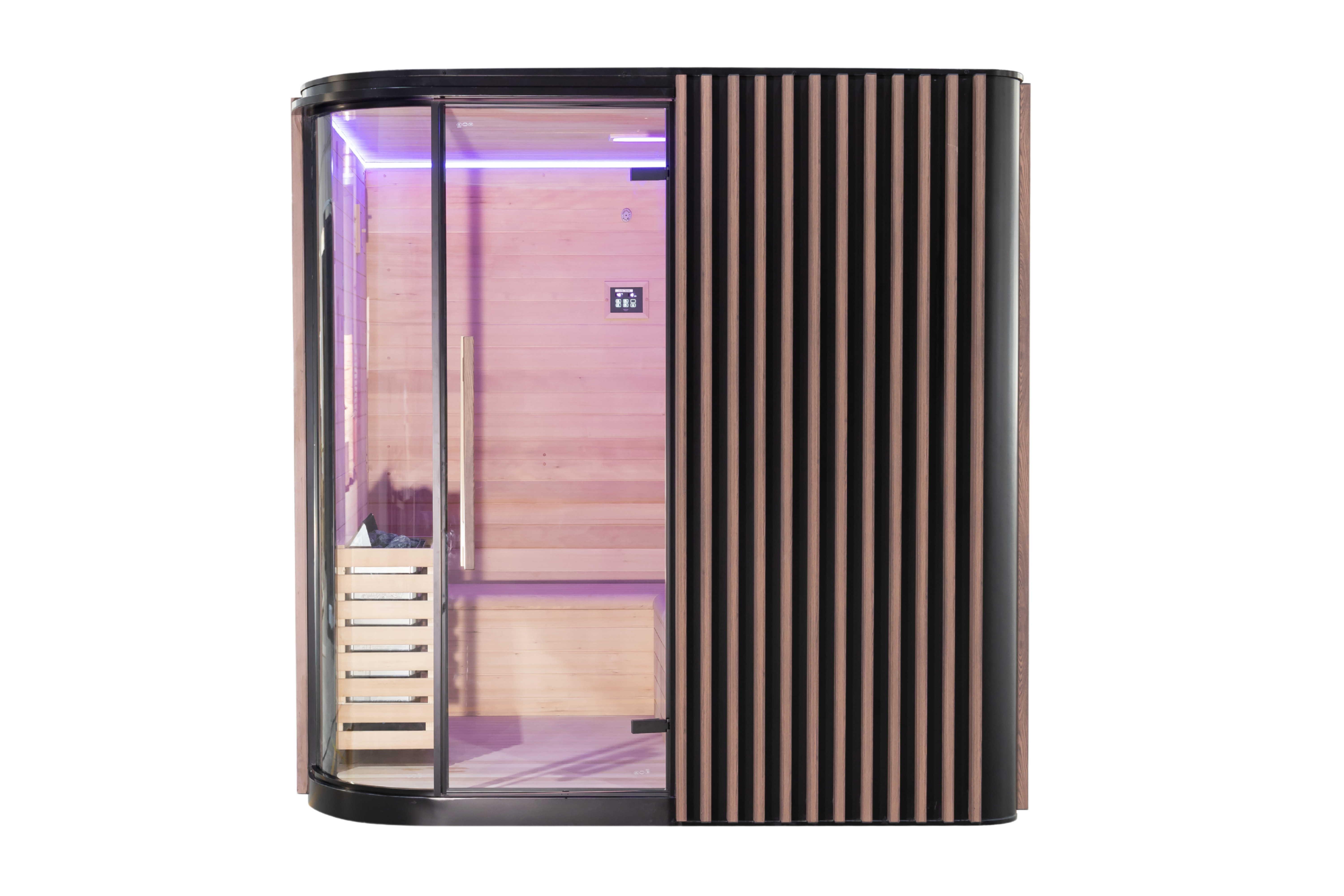 Front view of the Elementa 6-person outdoor sauna