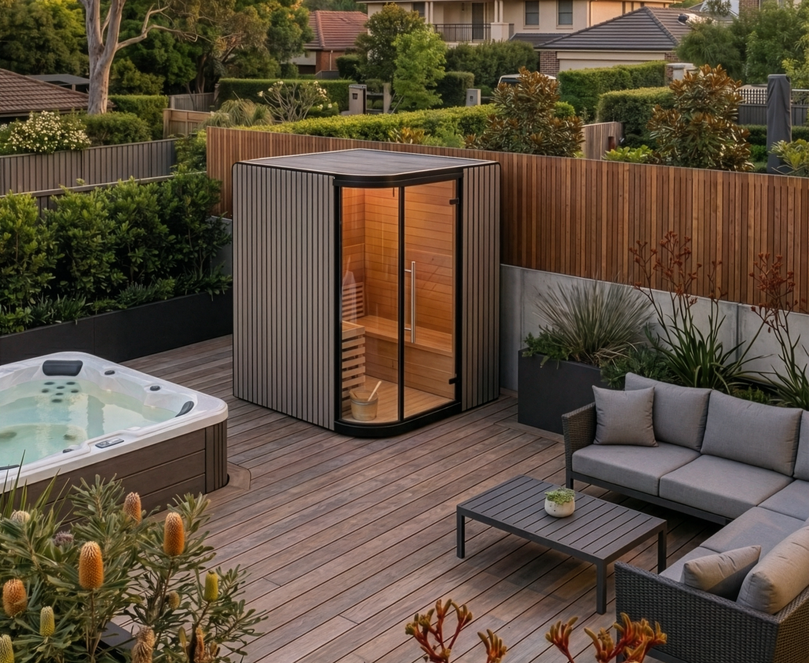 Vortex® Elementa™ Outdoor Sauna in backyard