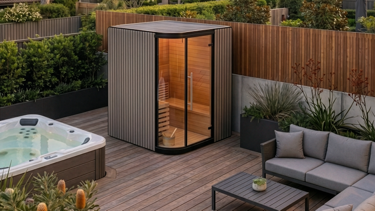 Vortex® Elementa™ Outdoor Sauna in backyard