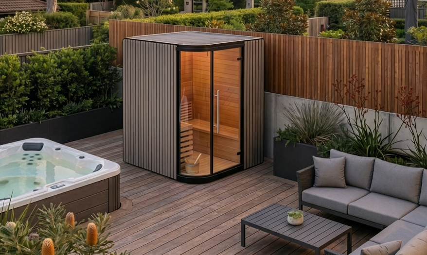 Vortex® Elementa™ Outdoor Sauna in backyard