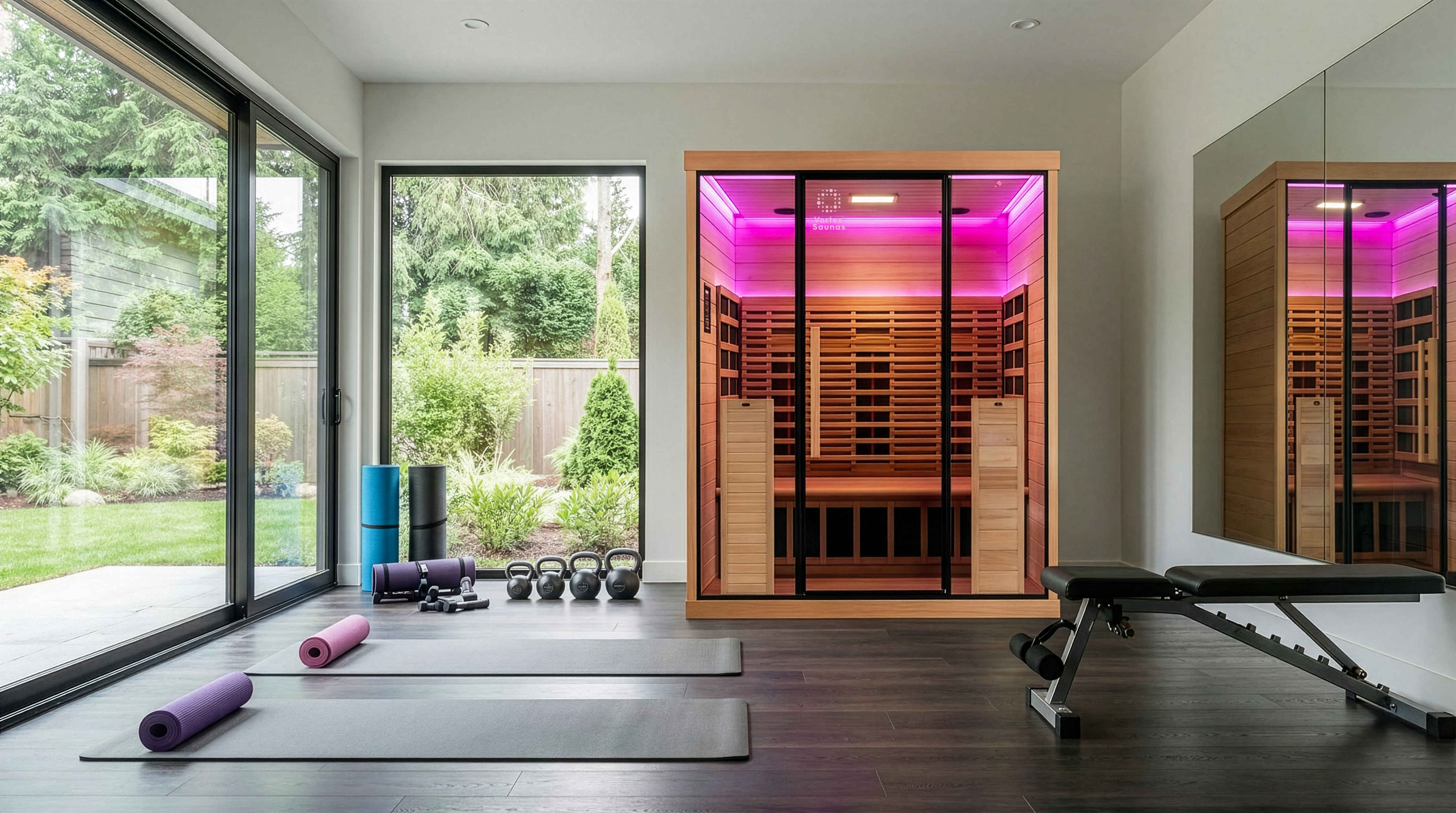 Vortex® Prestige™ 3 infrared sauna in home gym
