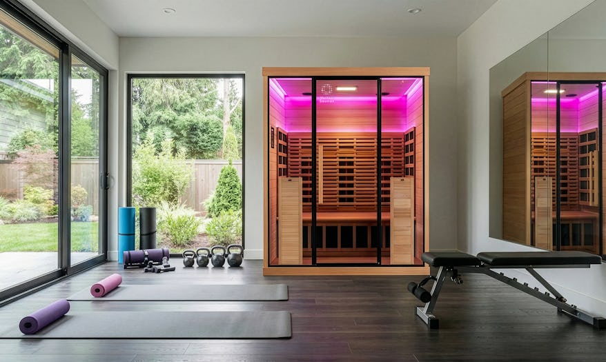 Vortex® Prestige™ 3 infrared sauna in home gym