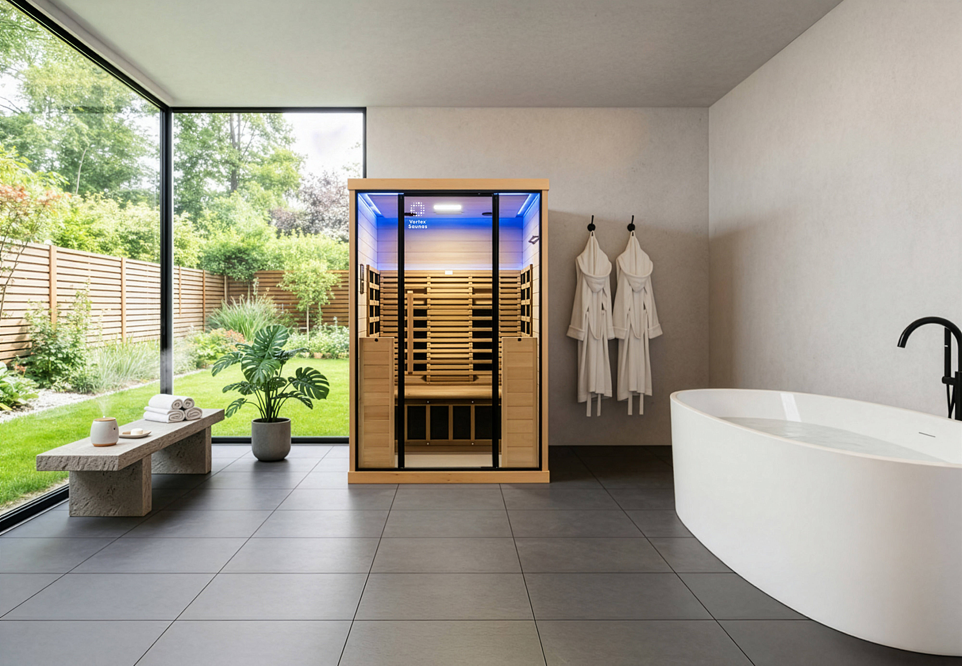 Vortex® Prestige™ 2 Infrared Sauna in bathroom