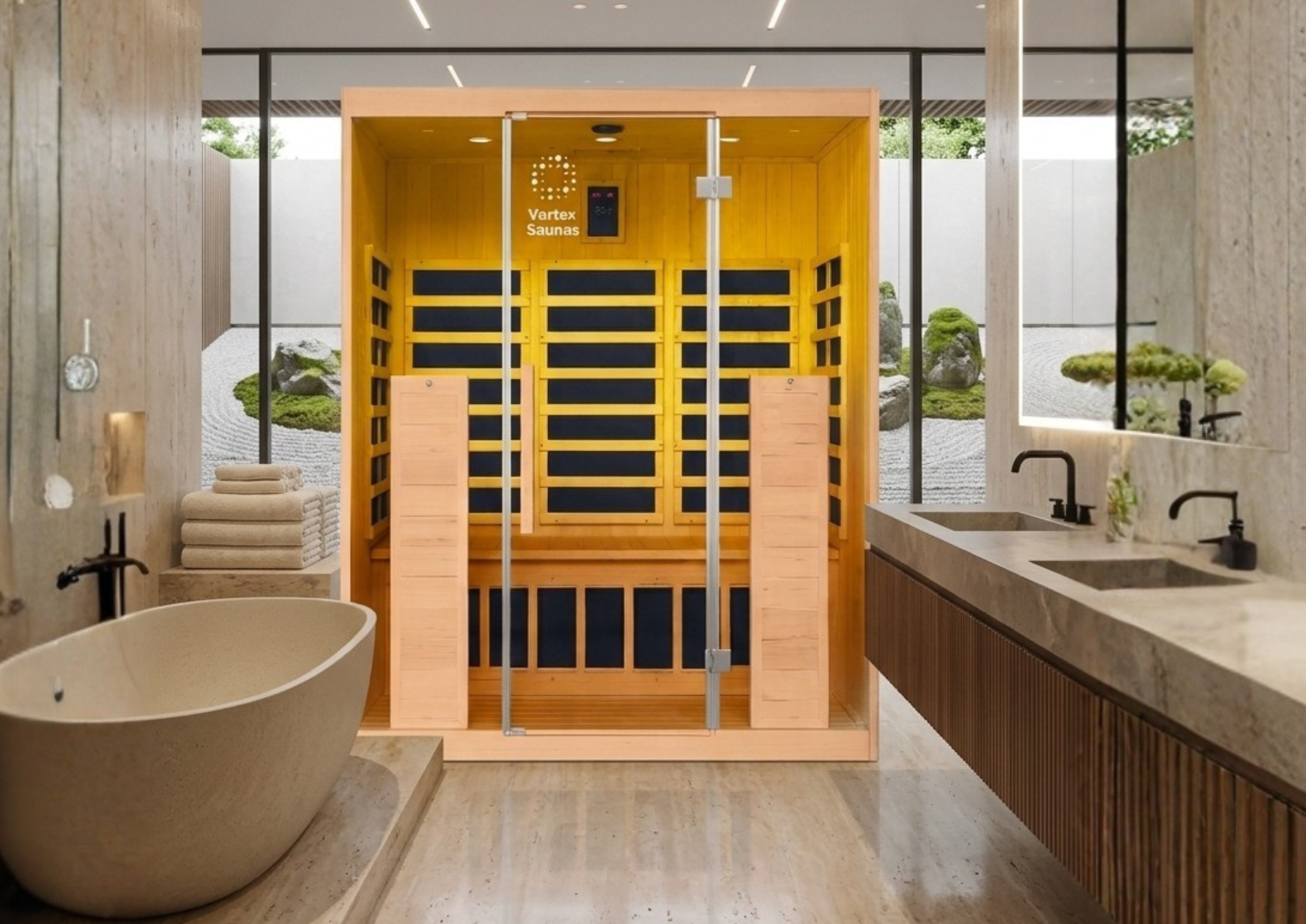 Linear™ 3 Person Sauna in a posh bathroom
