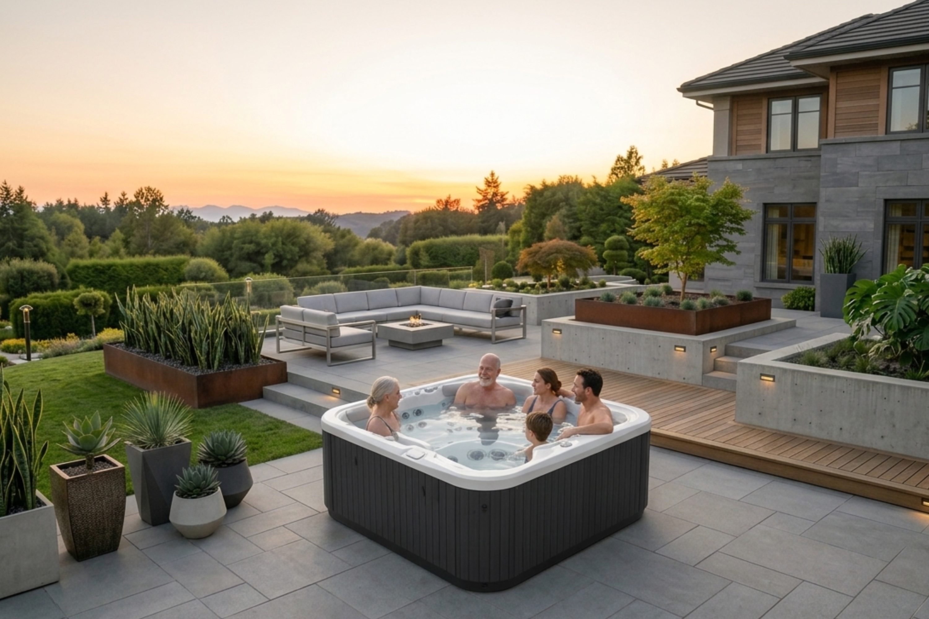 A family enjoying the Spectrum spa pool in a posh backyard