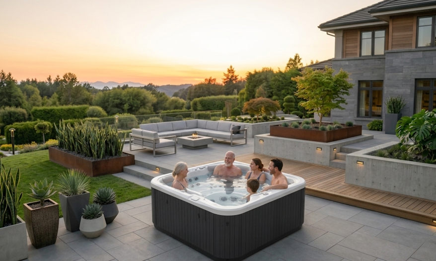 A family enjoying the Spectrum spa pool in a posh backyard