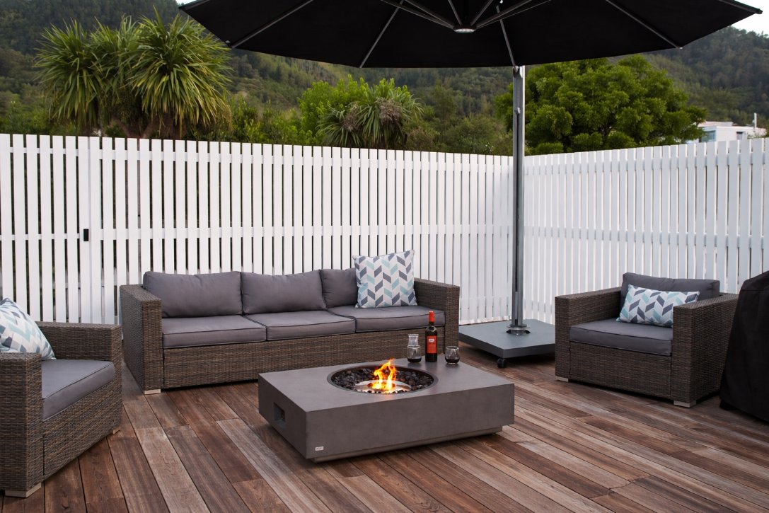 umbrella and fire table set up