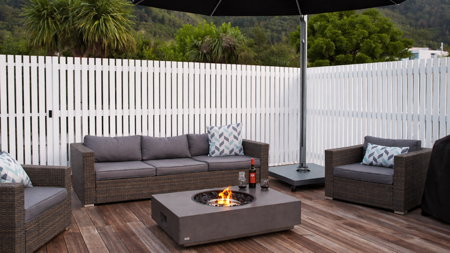 umbrella and fire table set up