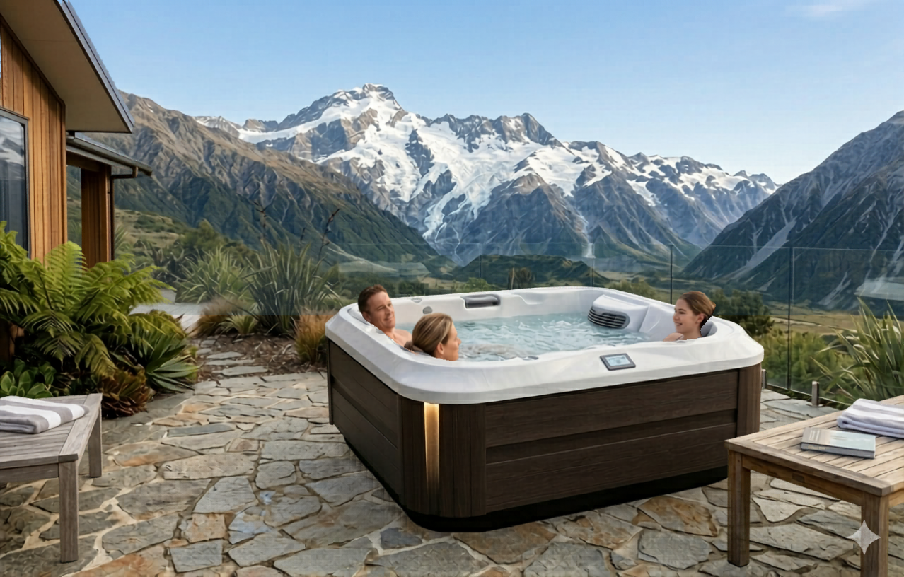 Family enjoying the soak in a J-315 spa pool in a beautiful backyard overlooking the mountains