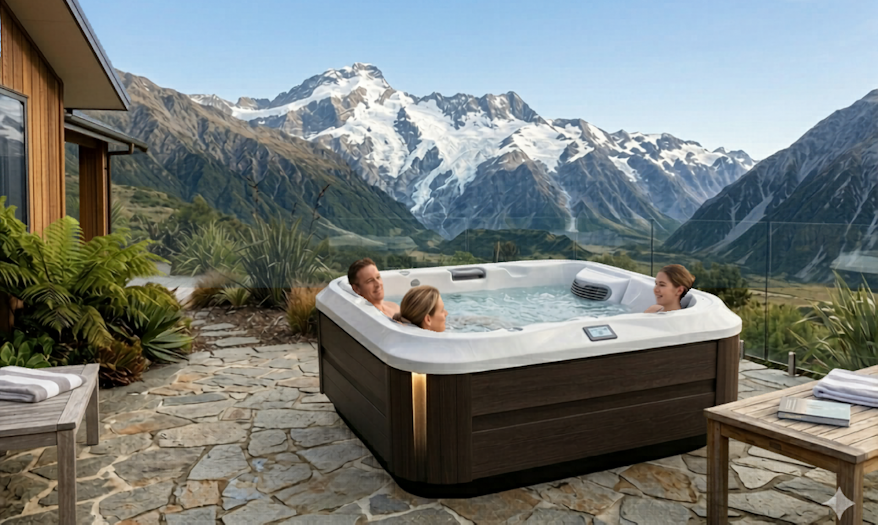 Family enjoying the soak in a J-315 spa pool in a beautiful backyard overlooking the mountains
