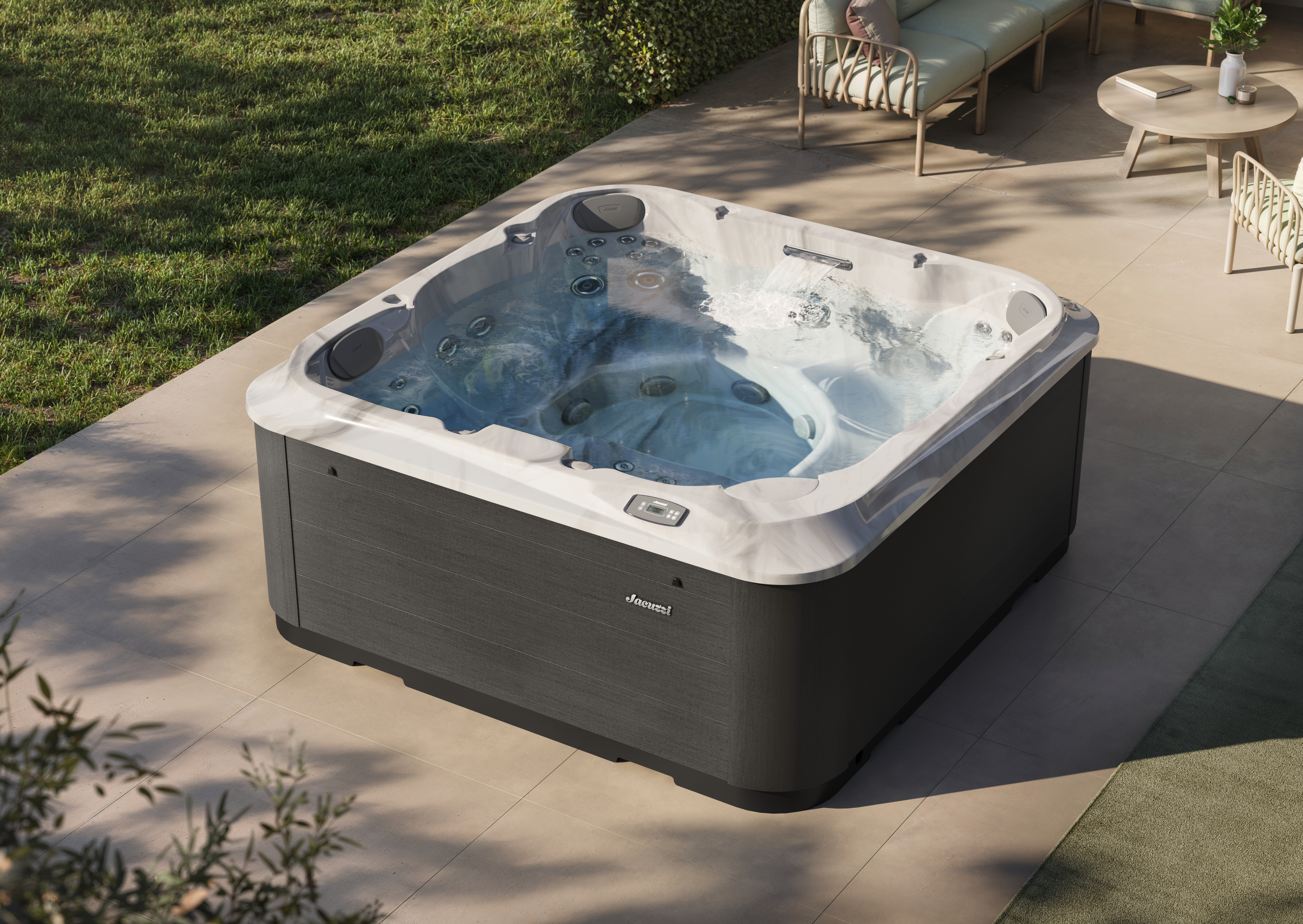 J-201 hot tub in a backyard patio
