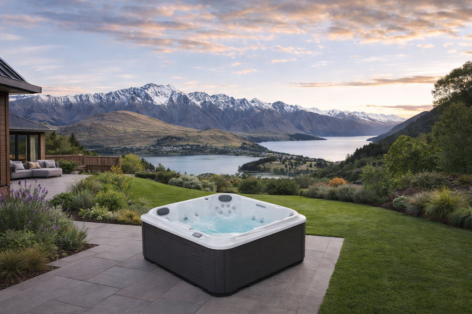 J-204 spa pool in a beautiful residential backyard overlooking the lake and mountains