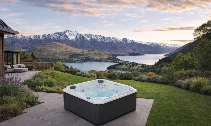 J-204 spa pool in a beautiful residential backyard overlooking the lake and mountains