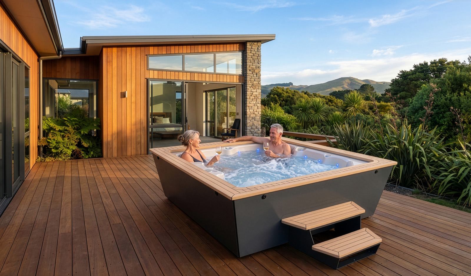 Elderly couple enjoying the Nexus spa in a deck