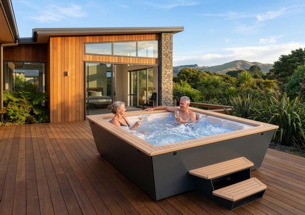 Elderly couple enjoying the Nexus spa in a deck