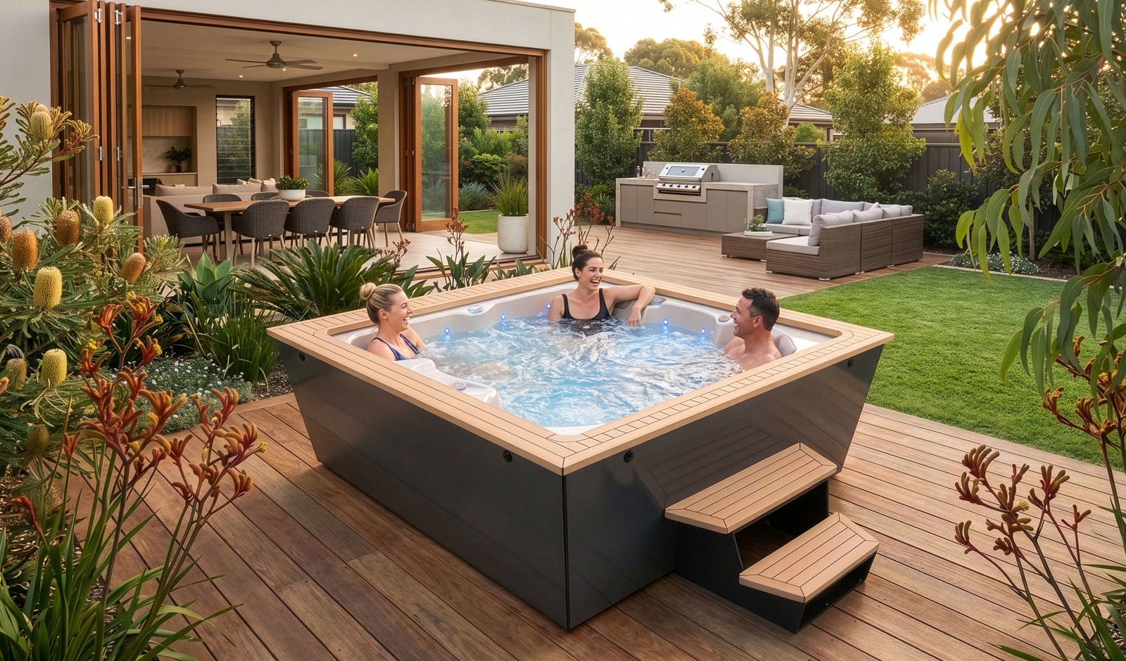 Friends enjoying the Nexus™ Spa in a posh backyard deck