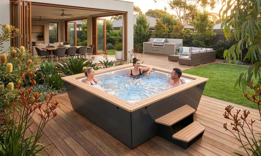 Friends enjoying the Nexus™ Spa in a posh backyard deck