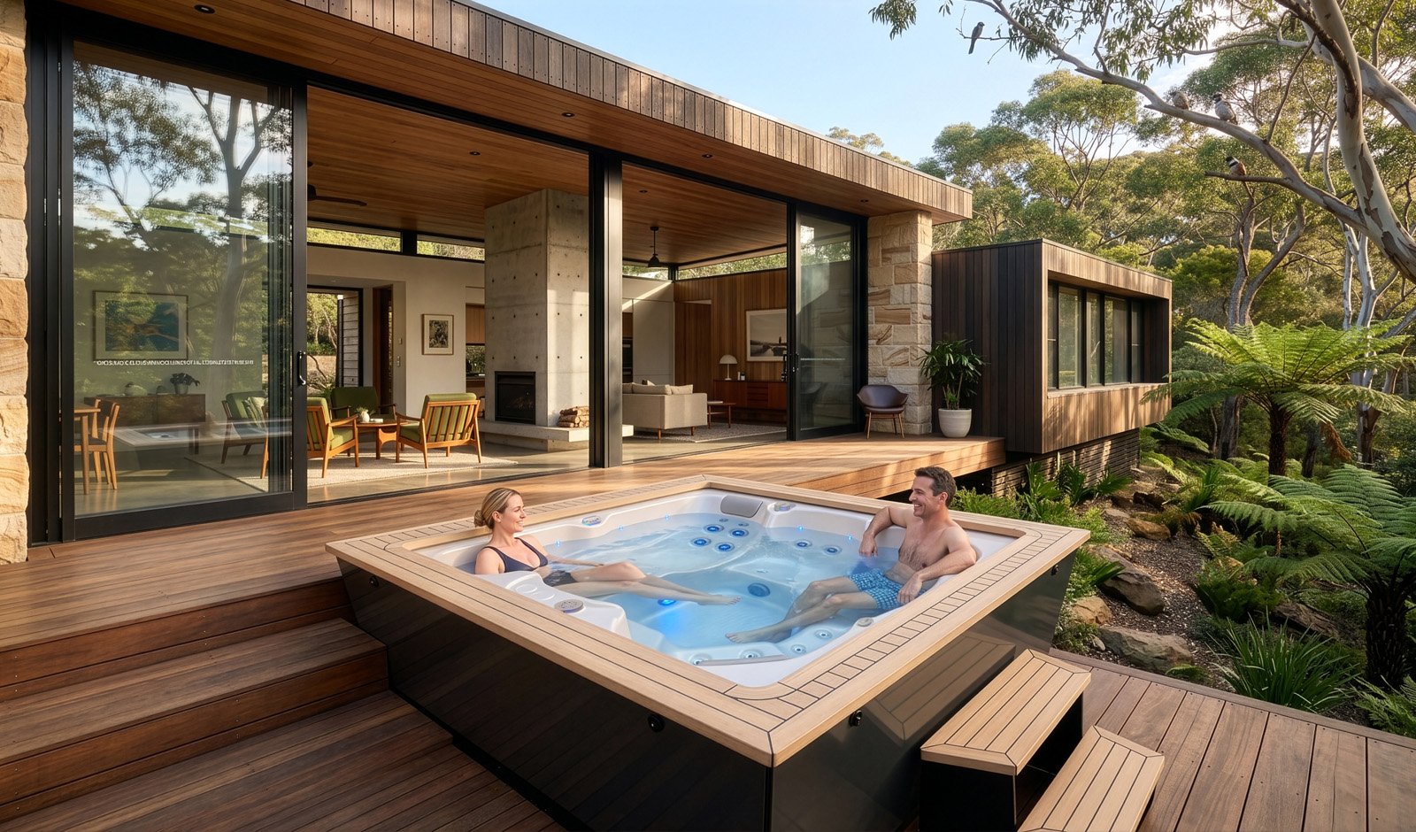 Couple enjoying the Nexus spa in a deck