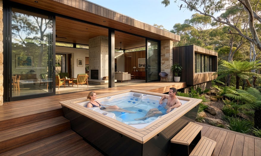 Couple enjoying the Nexus spa in a deck
