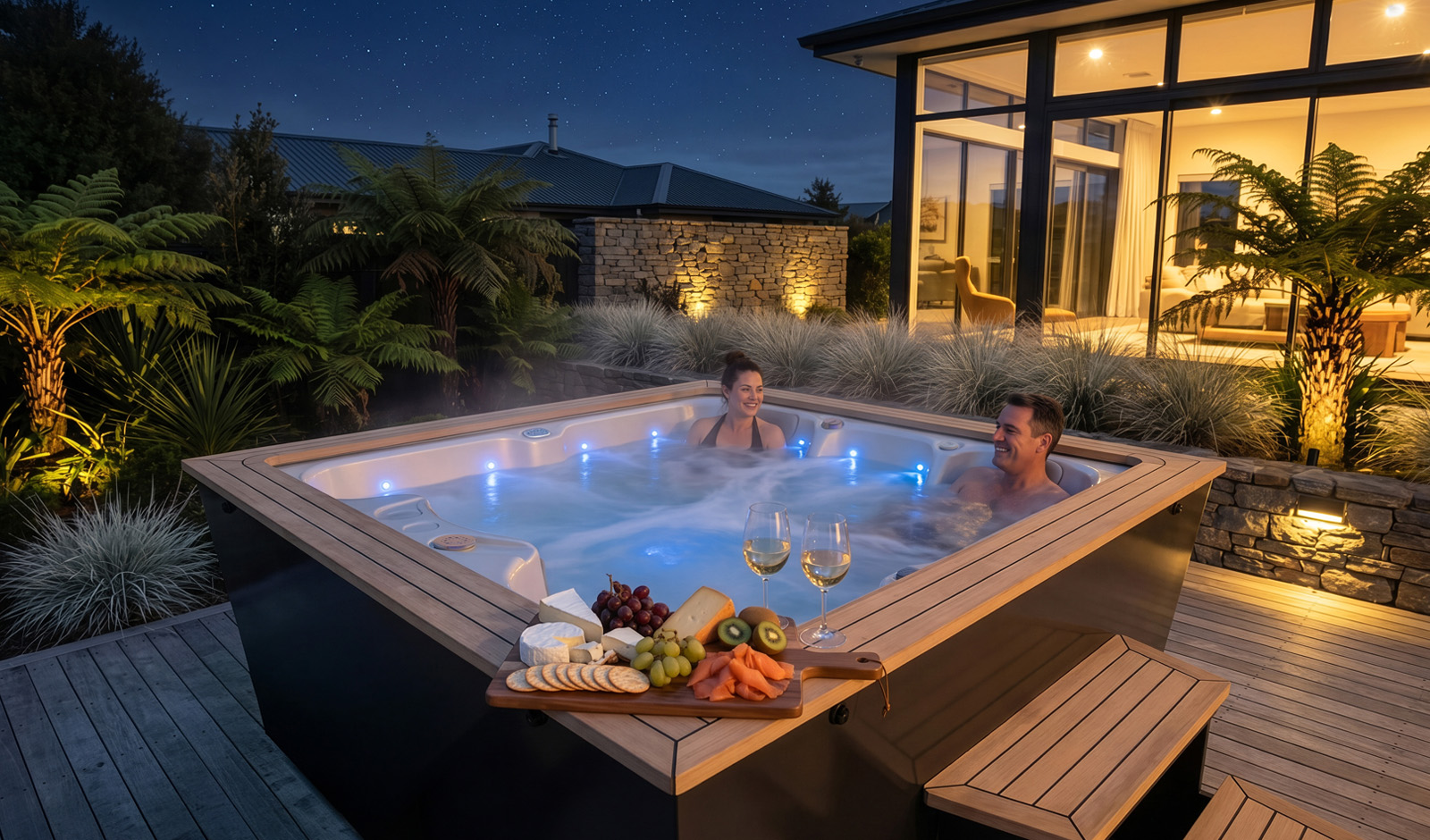 A couple enjoying the Nexus spa at night