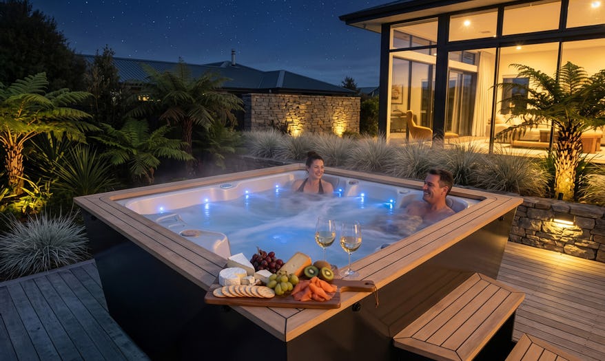 A couple enjoying the Nexus spa at night