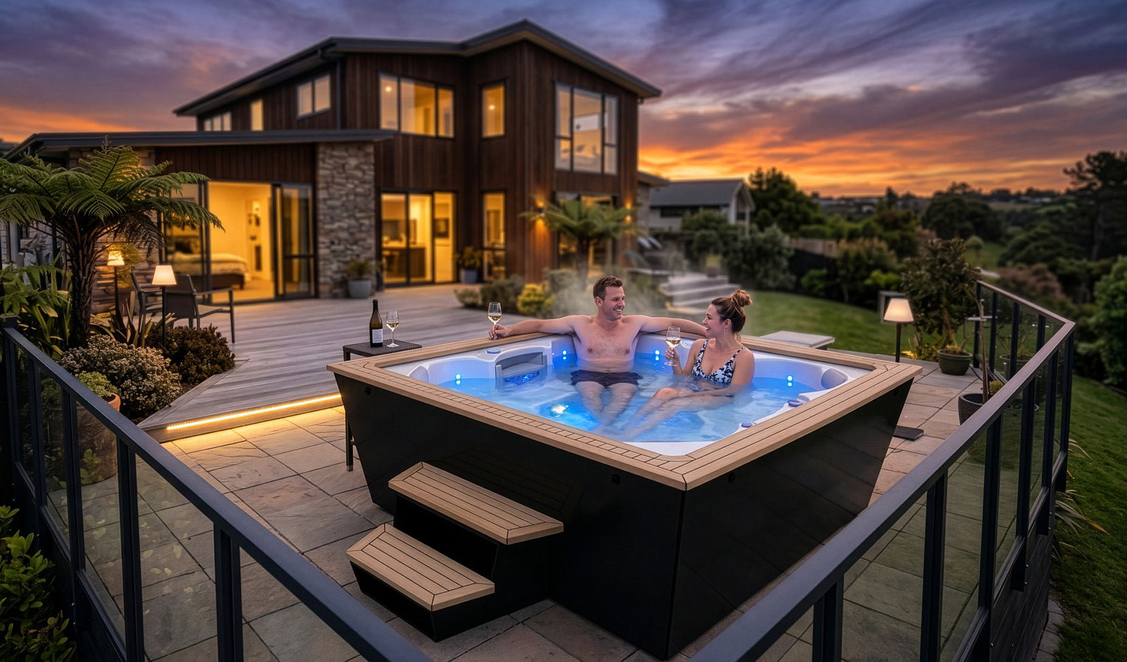 Couple enjoying the Nexus spa in a deck