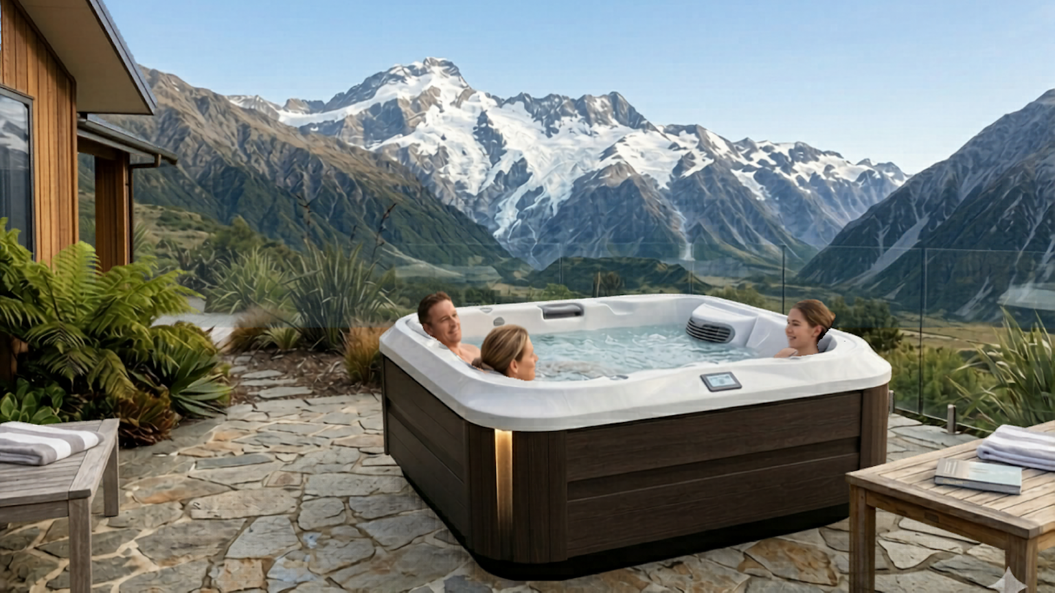 Family enjoying the J-315 hot tub in a residential backyard overlooking the mountains