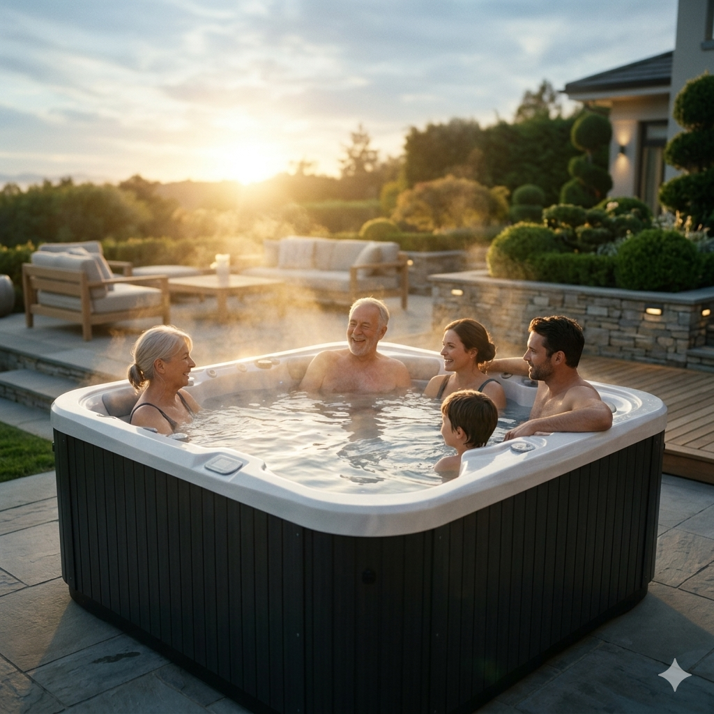 Friends enjoying the Spectrum spa pool in a posh backyard
