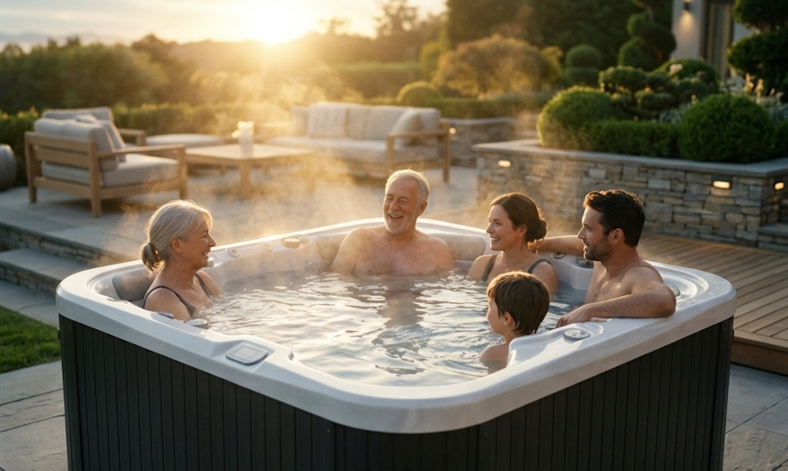 Friends enjoying the Spectrum spa pool in a posh backyard