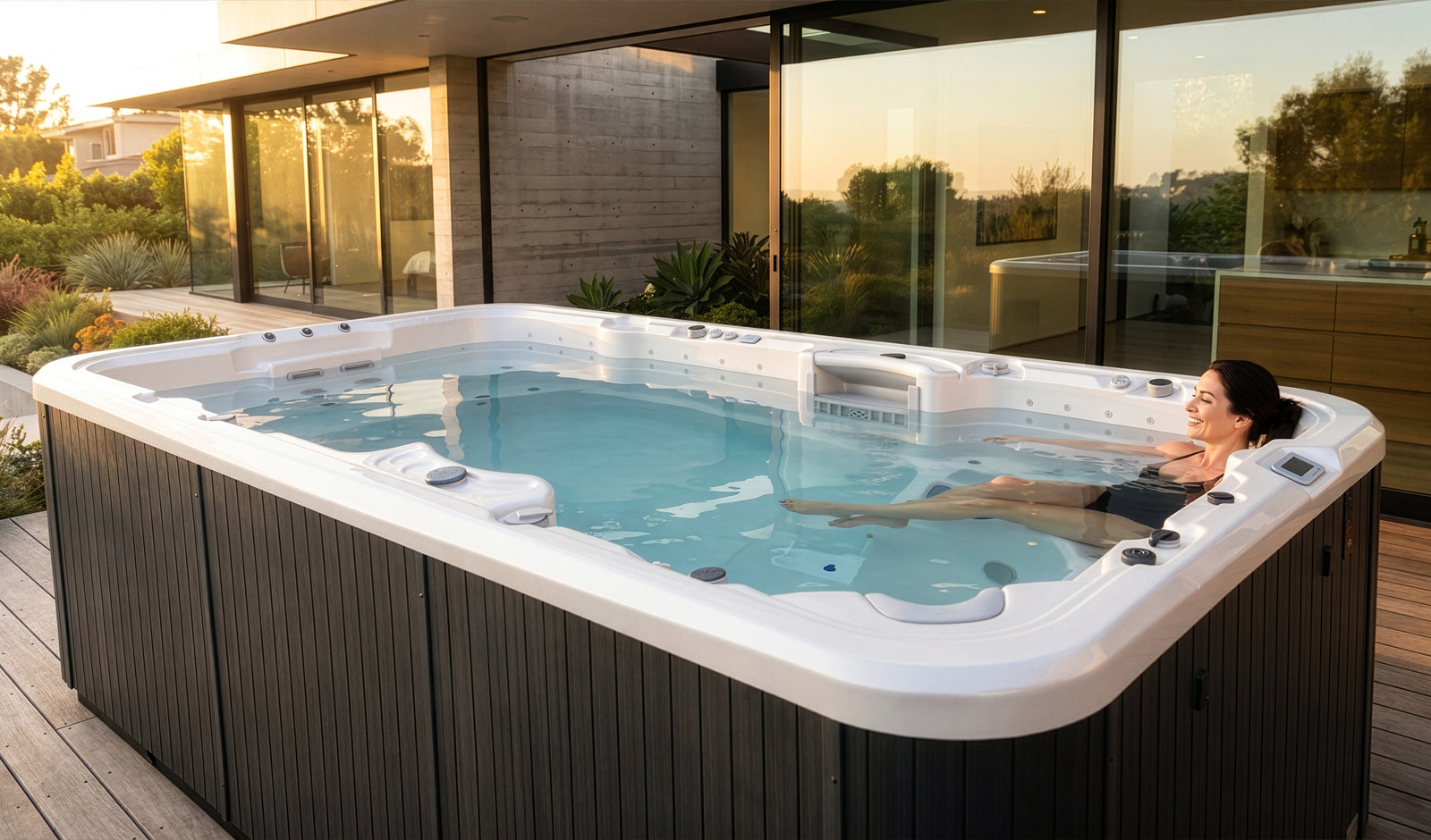 A woman adjusting an Aquagym Max swim spa