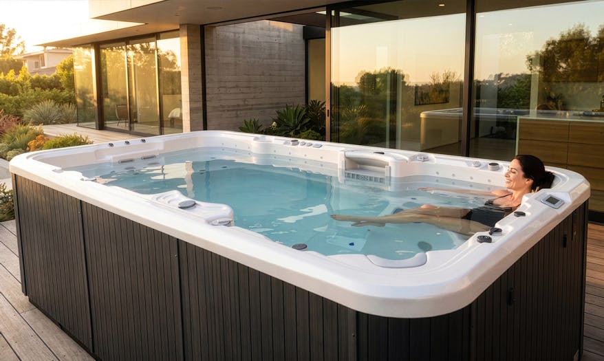 A woman adjusting an Aquagym Max swim spa