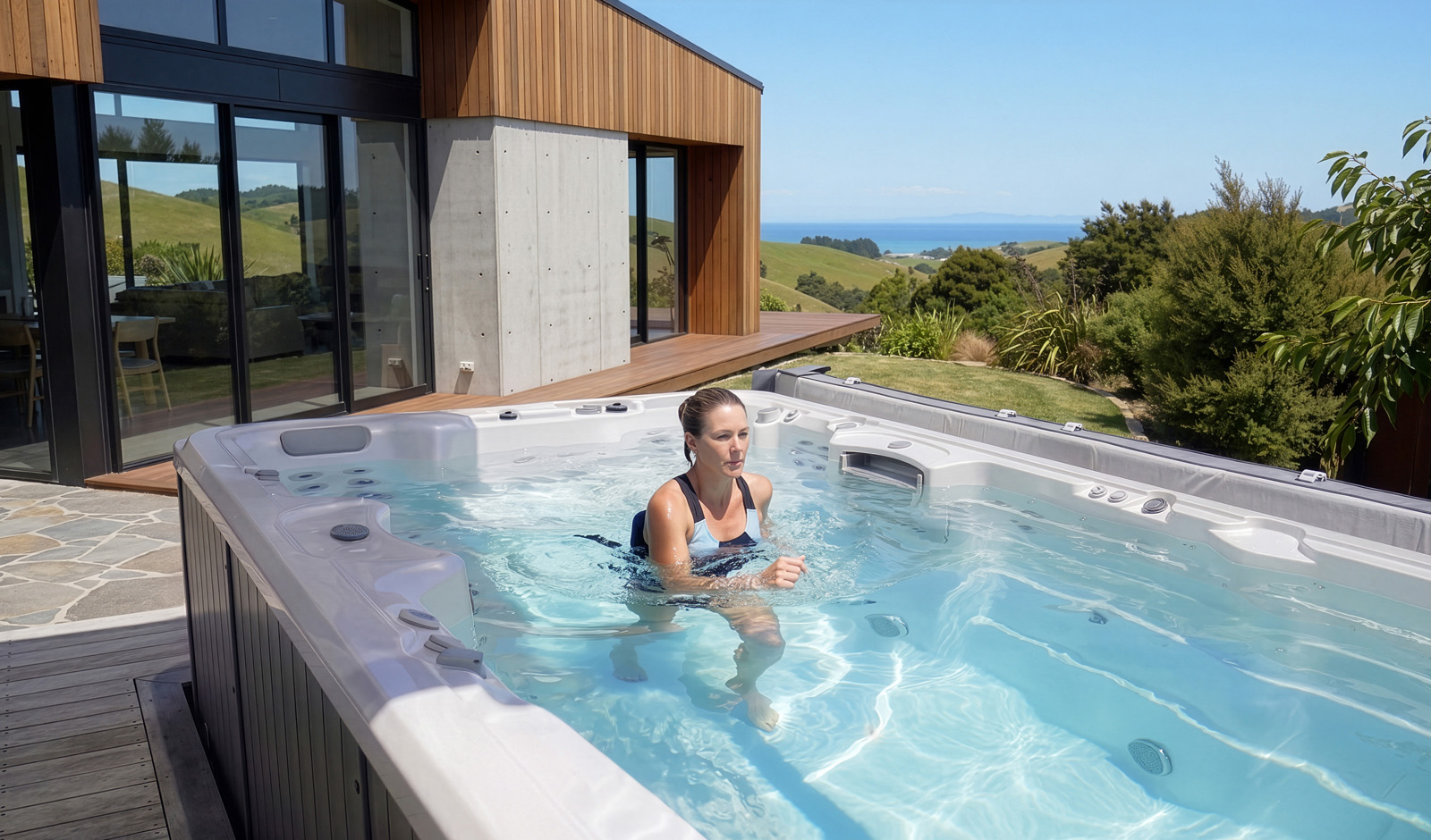 A woman doing aqua fitness in an Aquagym Max swim spa