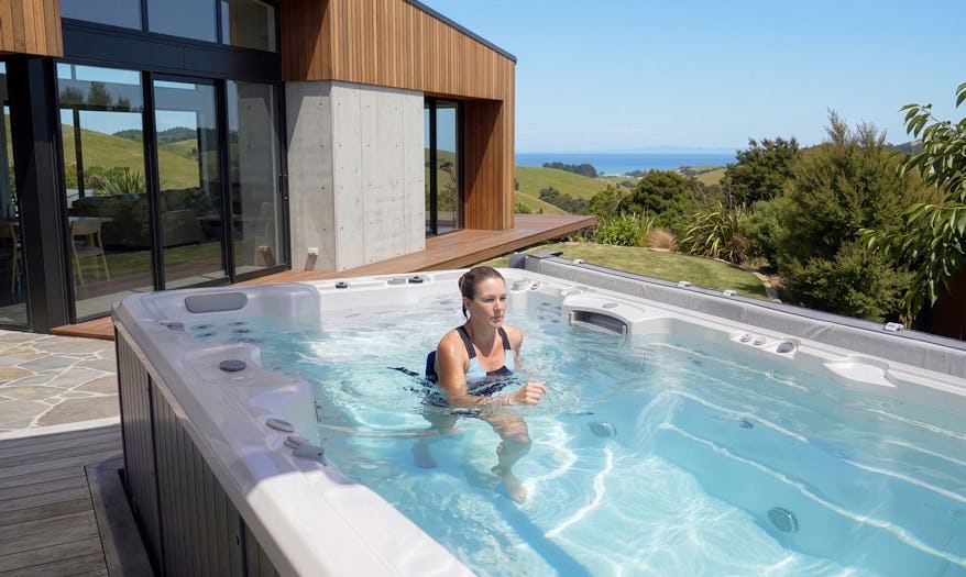 A woman doing aqua fitness in an Aquagym Max swim spa
