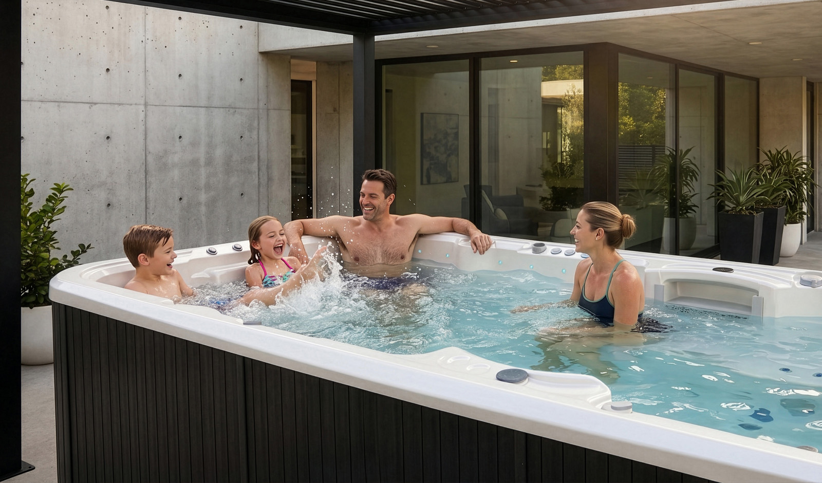 A family bonding in an Aquagym Max swim spa