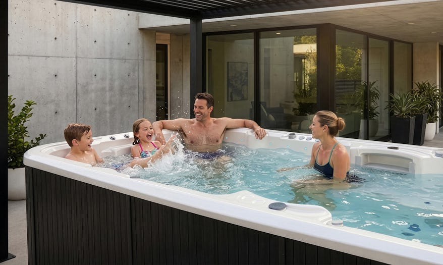 A family bonding in an Aquagym Max swim spa
