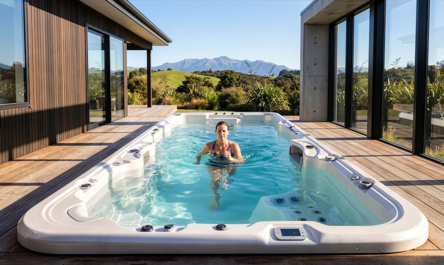 A woman fitness training in an Aquagym Max swim spa