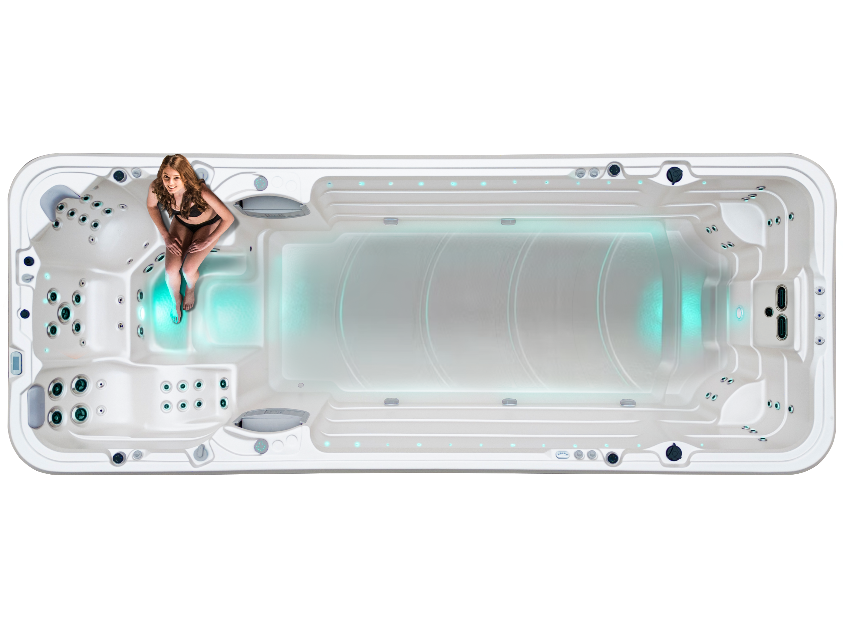 A woman on the Vortex Aqualap Extreme's Back Massage Seat