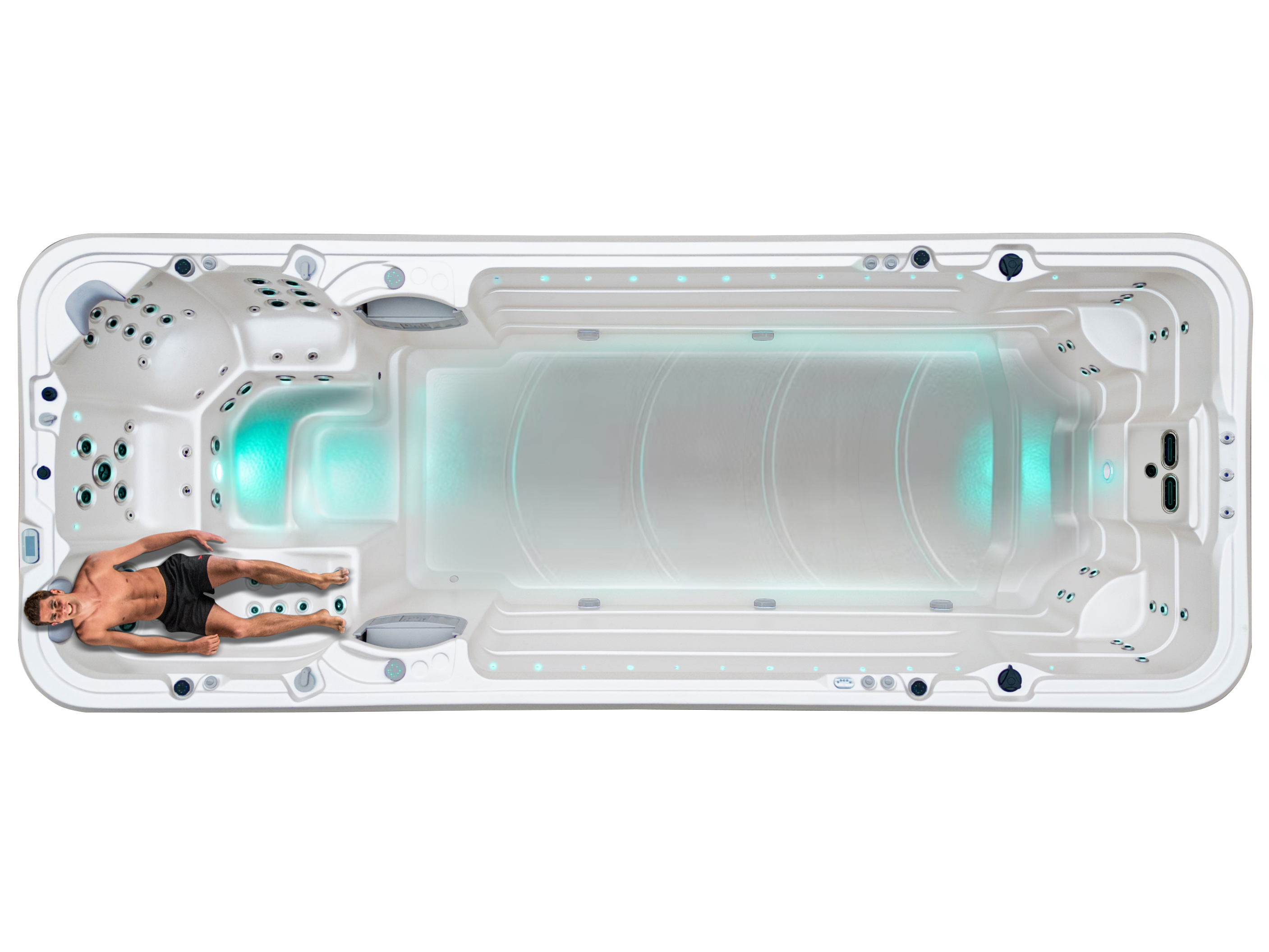 A man on the Vortex Aqualap Extreme's Ergonomic Lounger with Foot Massage