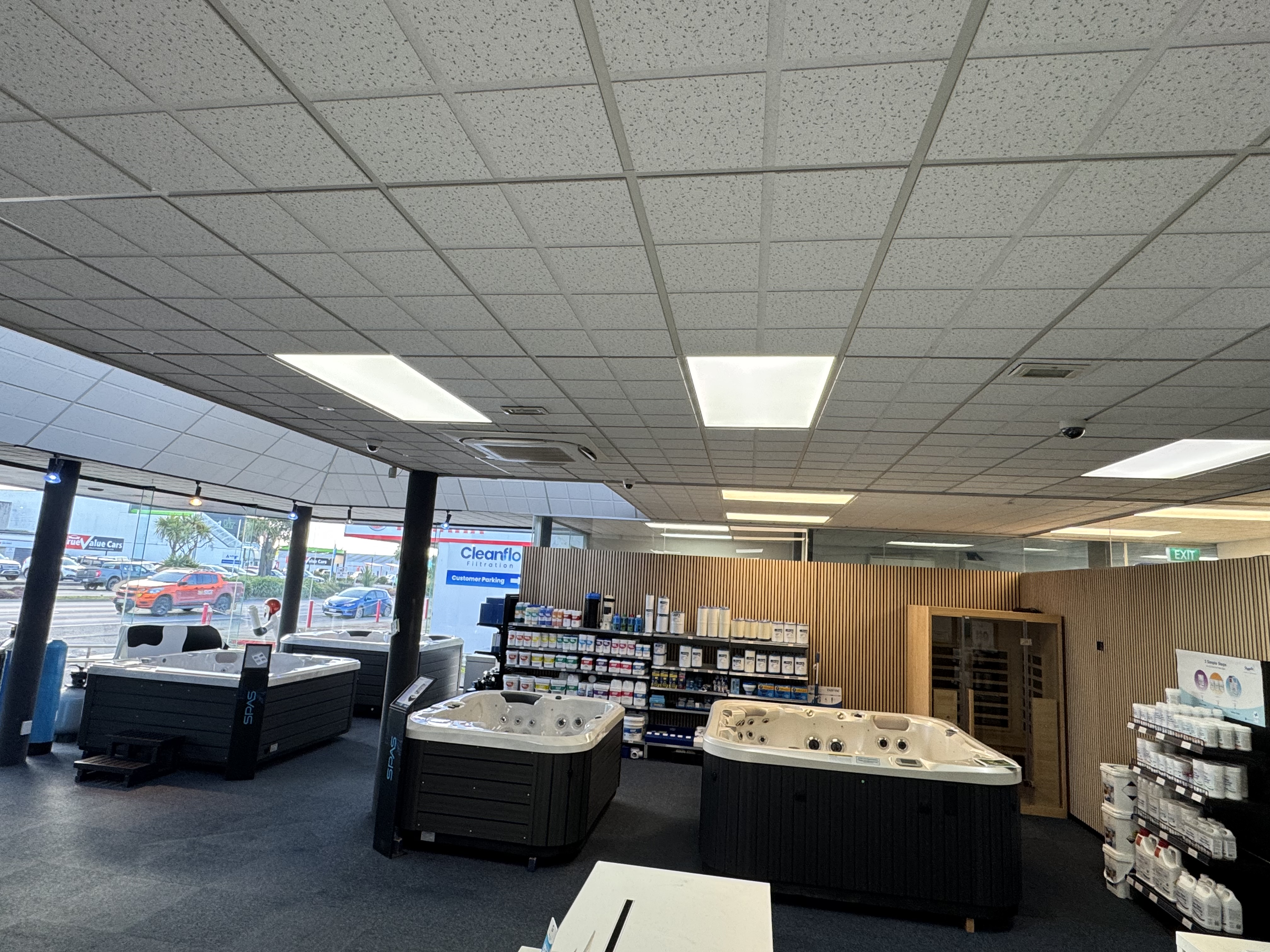Spa World Invercargill interior showing the spas and accessories