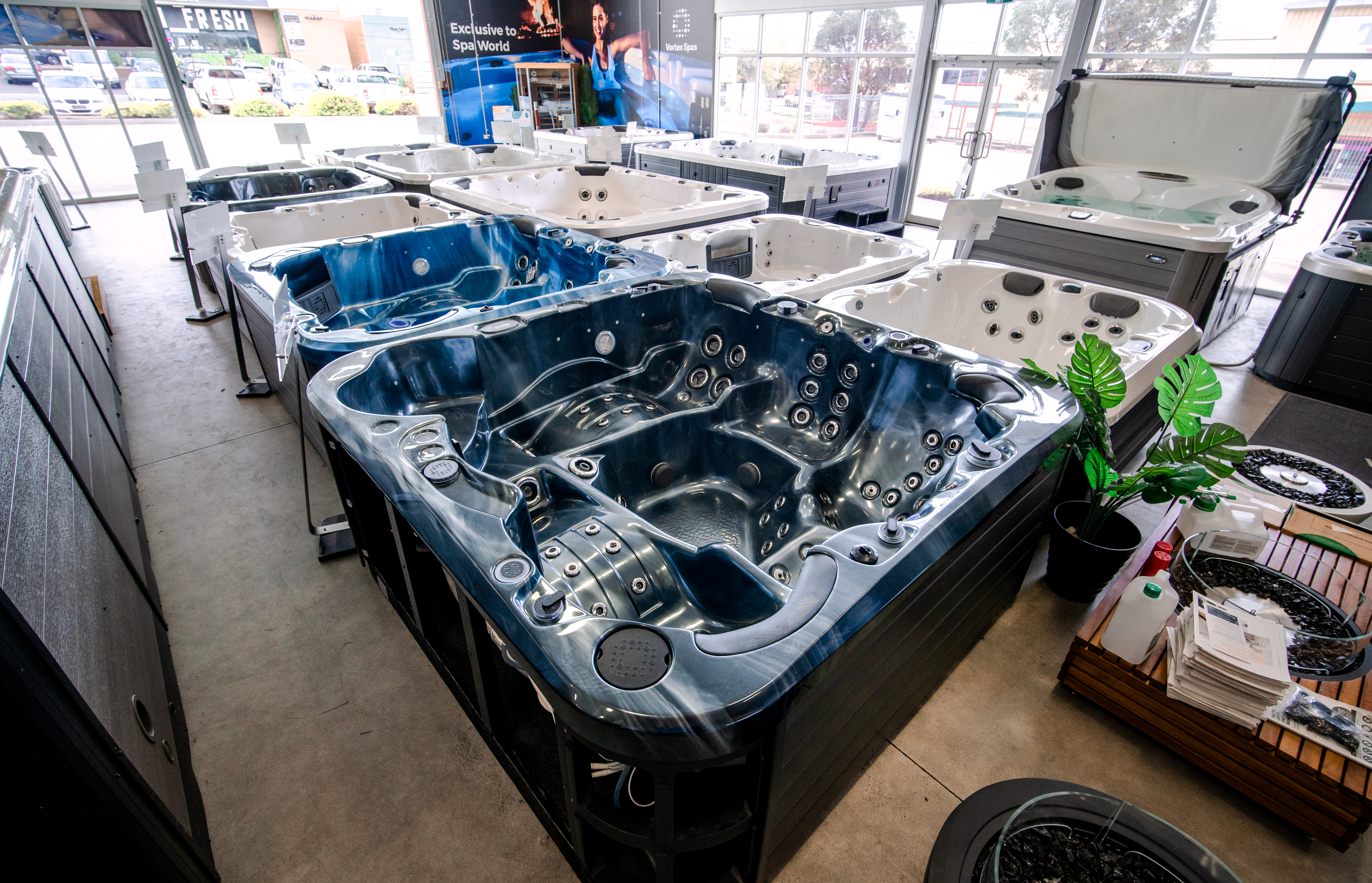 Spa pools on display at the Spa World Canberra showroom