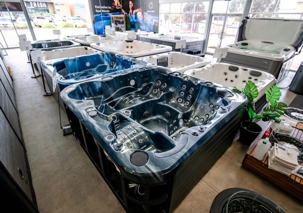 Spa pools on display at the Spa World Canberra showroom