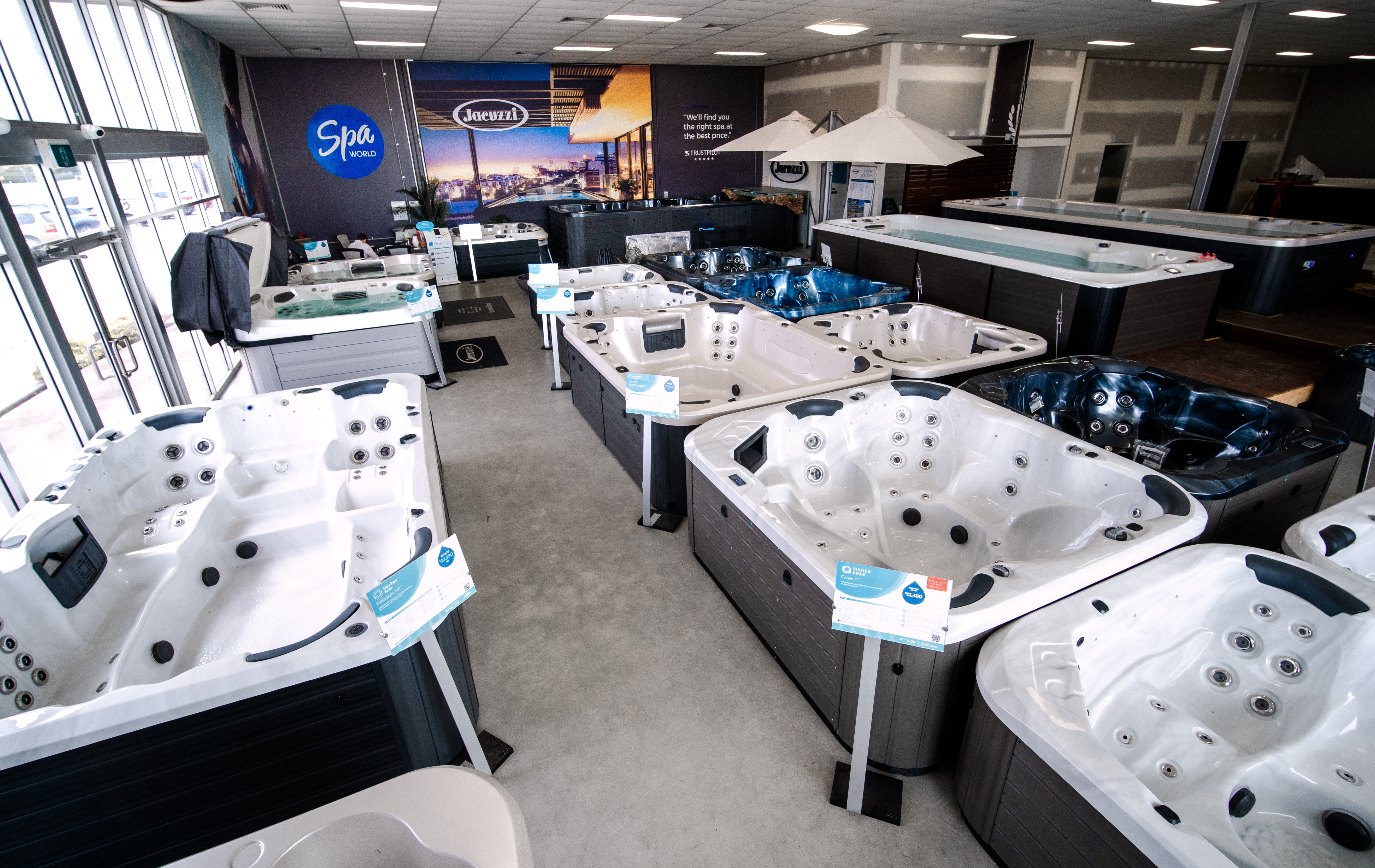 Spa pools on display at the Spa World Canberra showroom