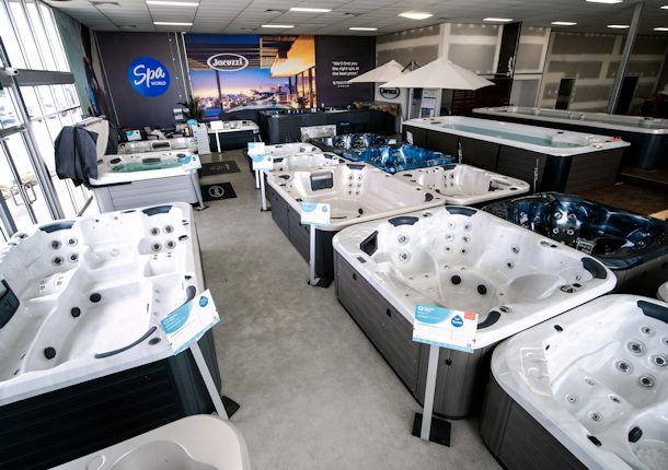 Spa pools on display at the Spa World Canberra showroom