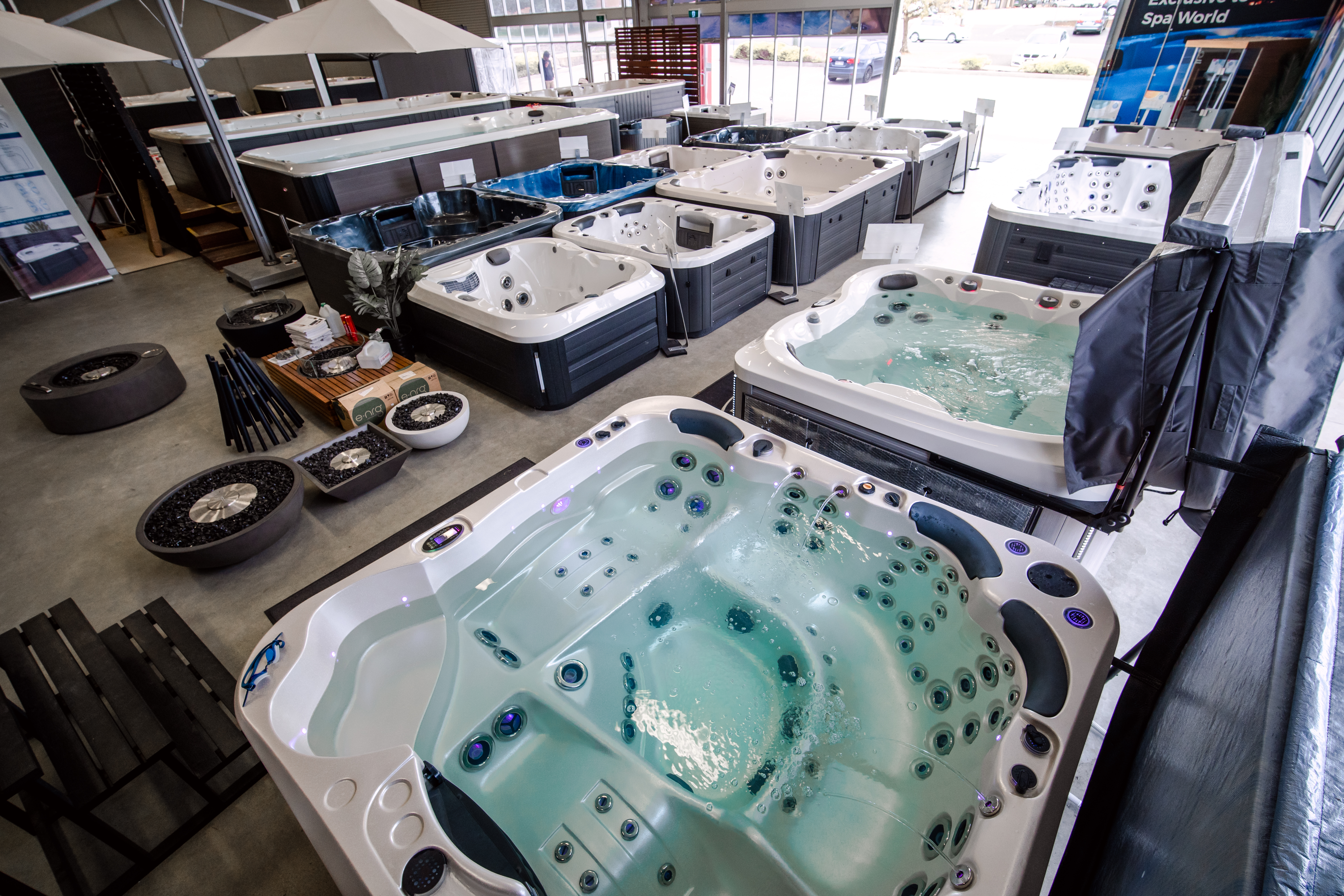 Spa pools on display at the Spa World Canberra showroom