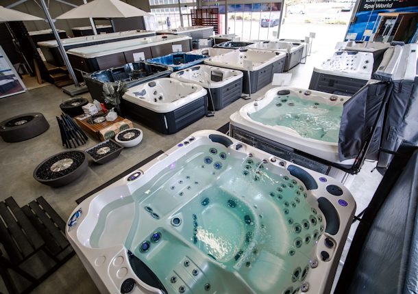 Spa pools on display at the Spa World Canberra showroom
