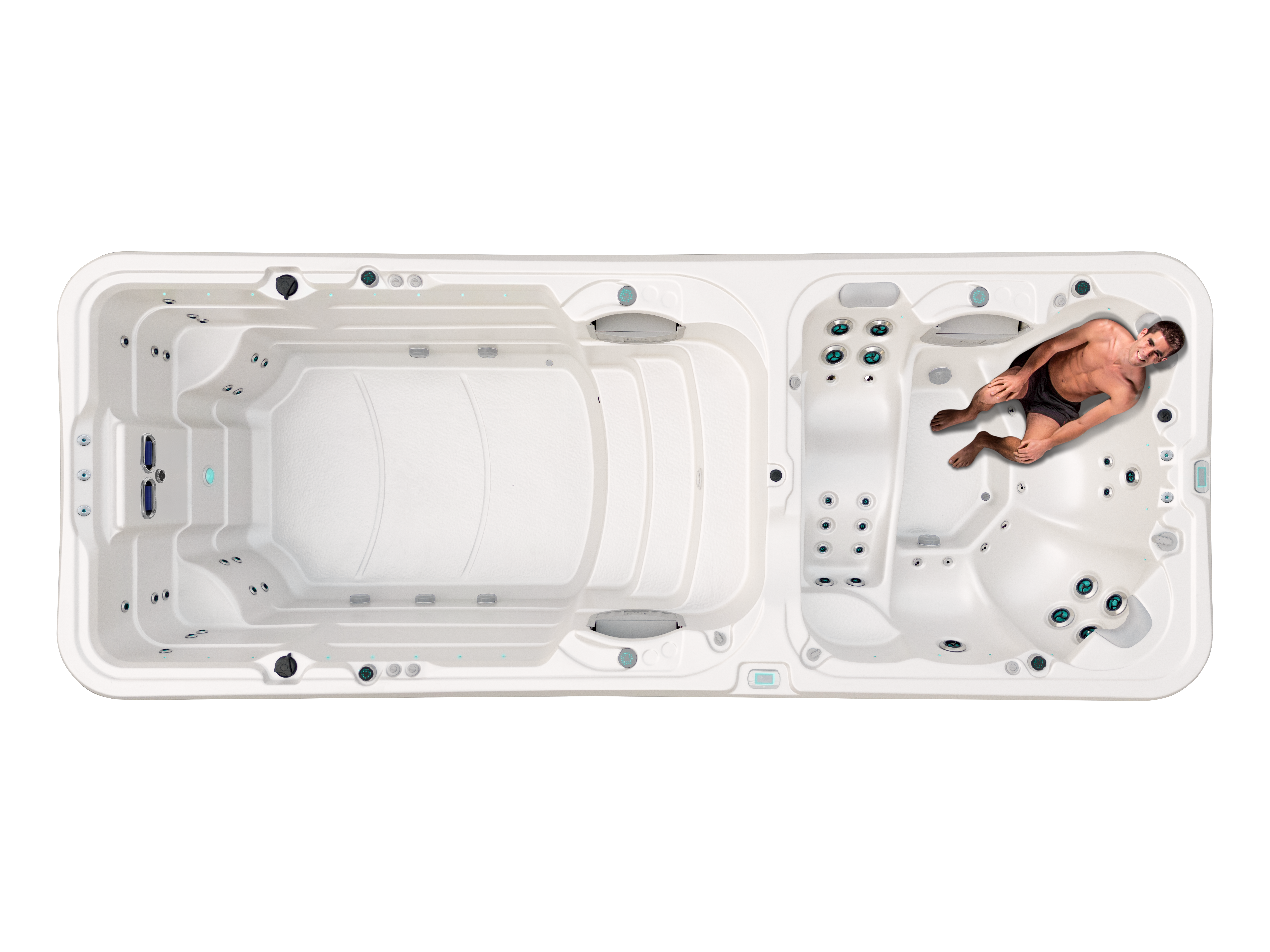 A man sitting on one of the two back massage seats in a Hydrozone Extreme with VCS Jets
