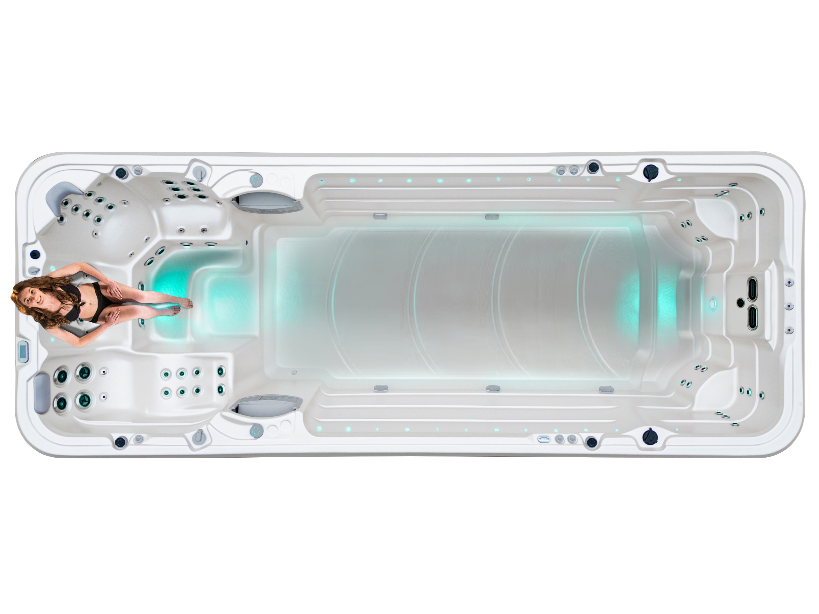 Woman sitting on the Aqualap's Cool-Down Seat