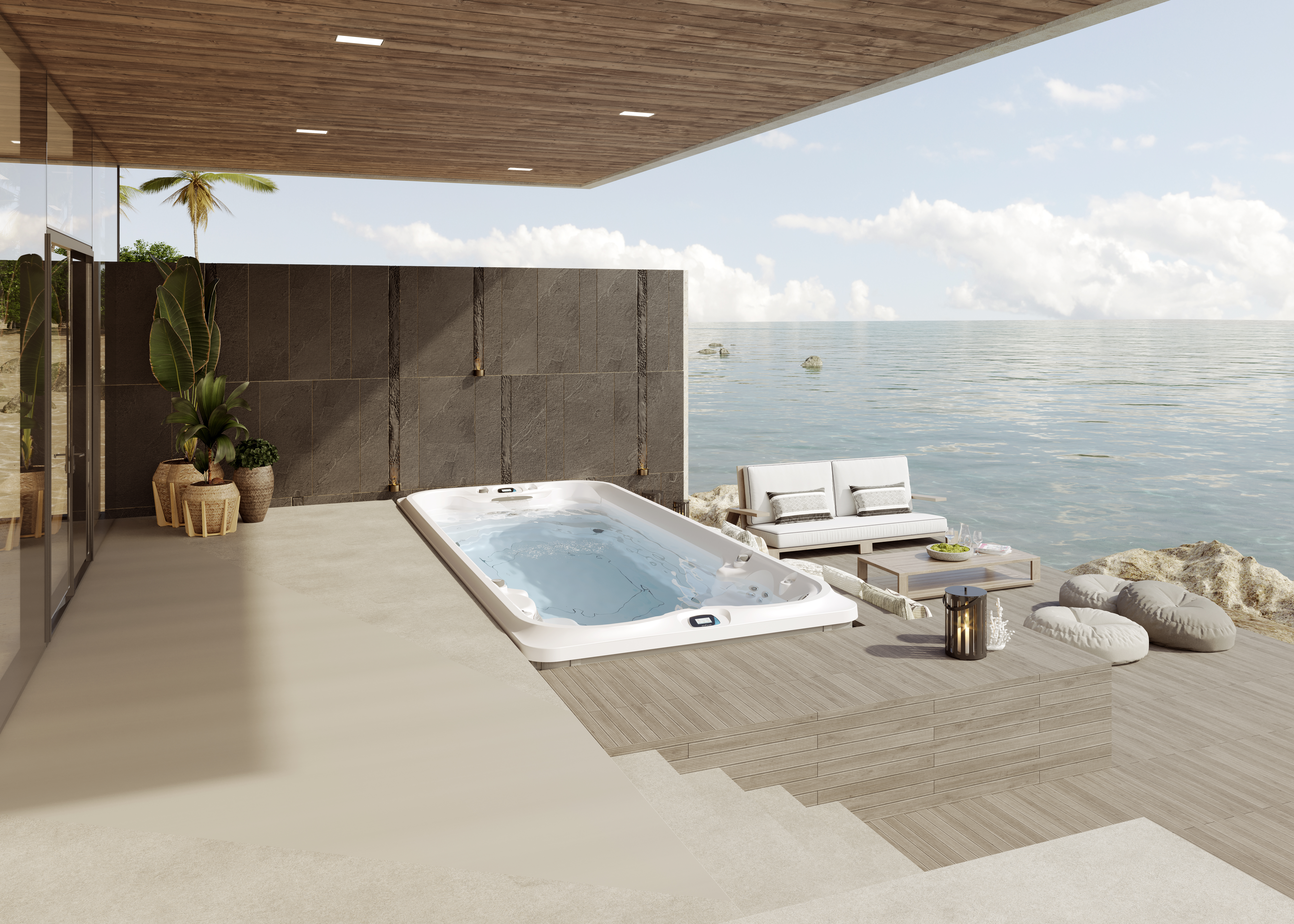 J-19 swim spa on a deck overlooking the ocean