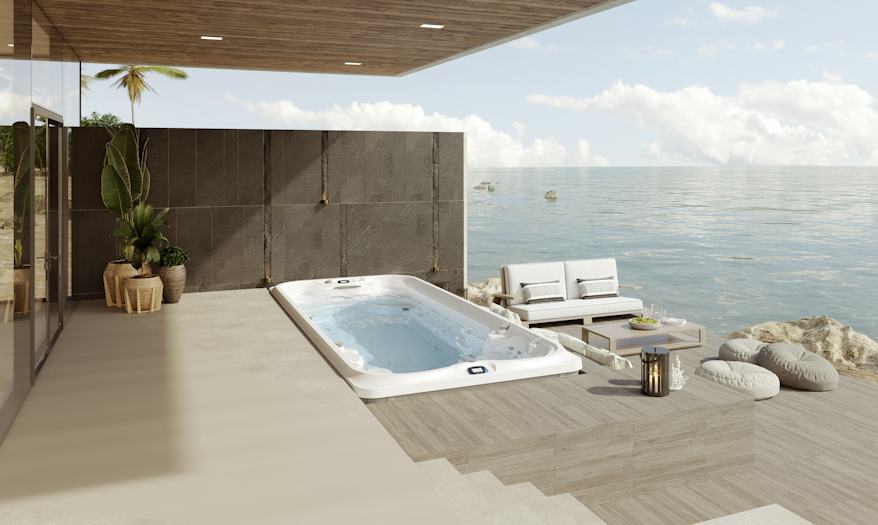 J-19 swim spa on a deck overlooking the ocean