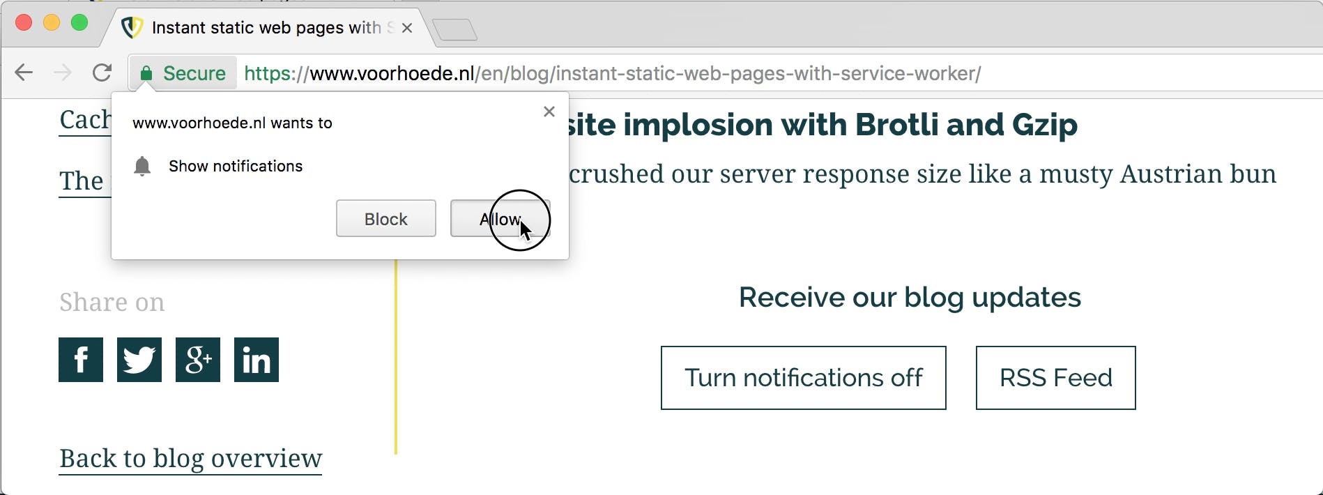 A native prompt to allow push notifications in Chrome opens on top of our website.